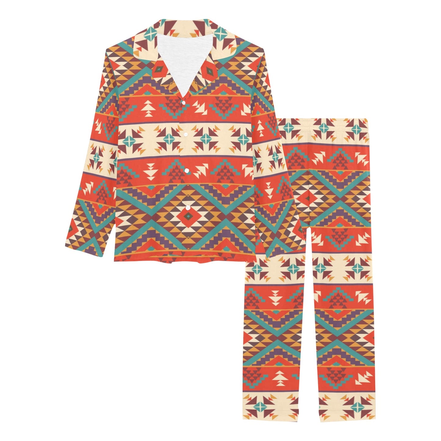 Aztec Red Print Pattern Women's Long Pajama Set