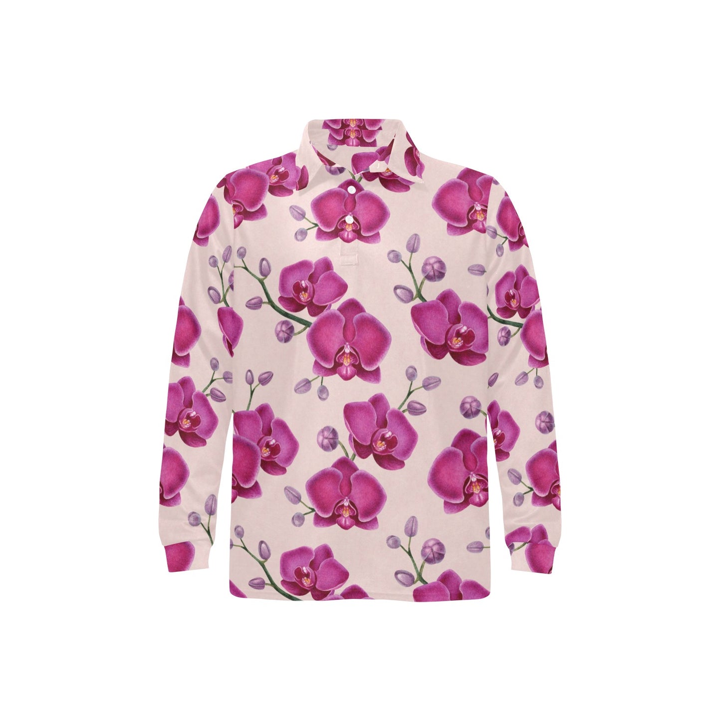 Orchid Pattern Print Design A02 Long Sleeve Polo Shirt For Men's