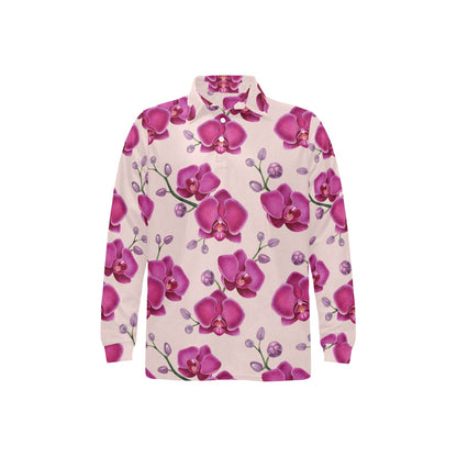 Orchid Pattern Print Design A02 Long Sleeve Polo Shirt For Men's