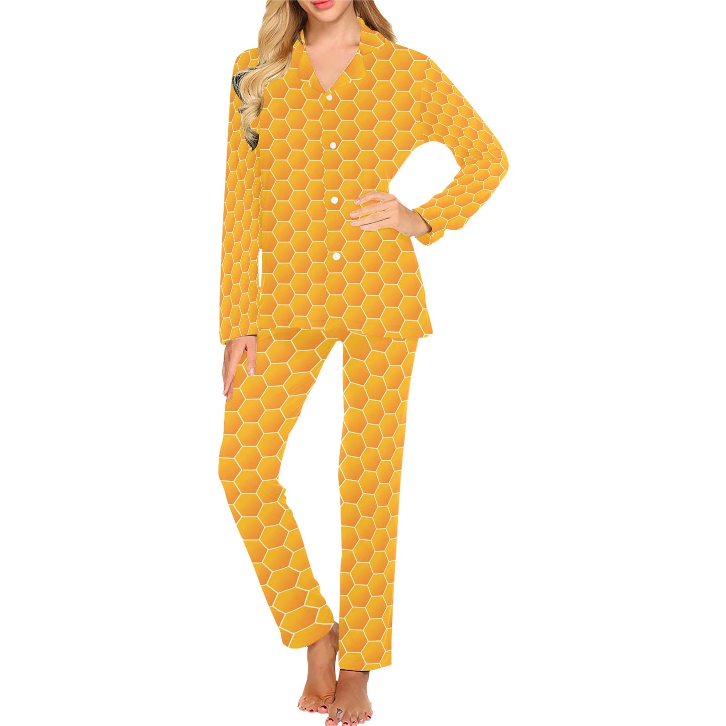 Honey Bee Honeycomb Print Design LKS3011 Women's Long Pajama Set