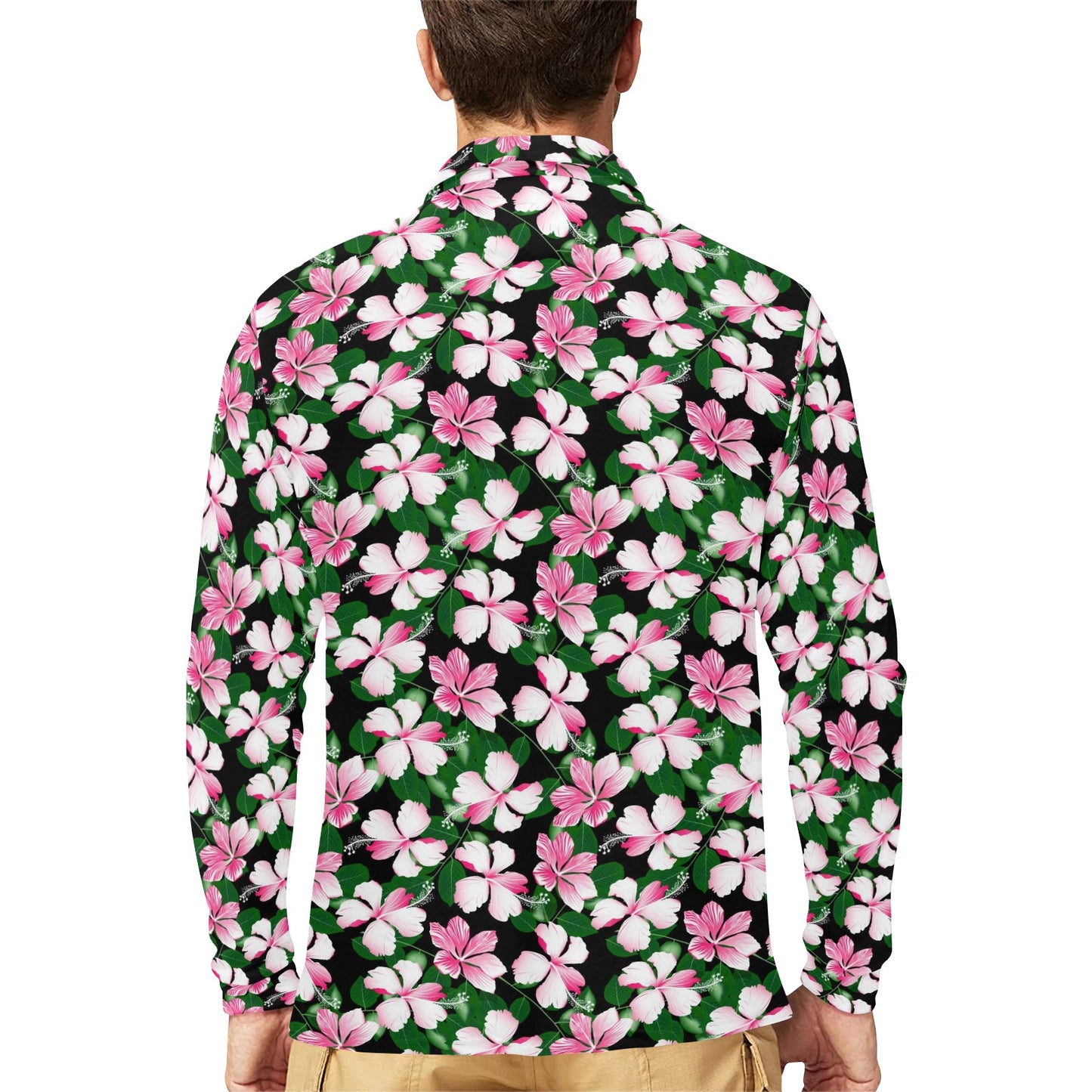 Hibiscus Pink Flower Hawaiian Print Long Sleeve Polo Shirt For Men's