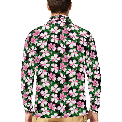 Hibiscus Pink Flower Hawaiian Print Long Sleeve Polo Shirt For Men's