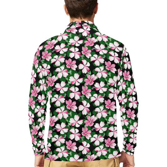 Hibiscus Pink Flower Hawaiian Print Long Sleeve Polo Shirt For Men's
