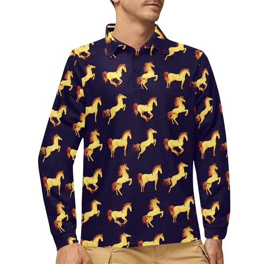 Gold Horse Pattern Long Sleeve Polo Shirt For Men's