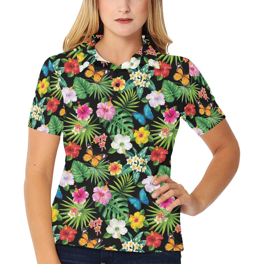 Hibiscus With Butterfly Print Design LKS305 Women's Polo Shirt