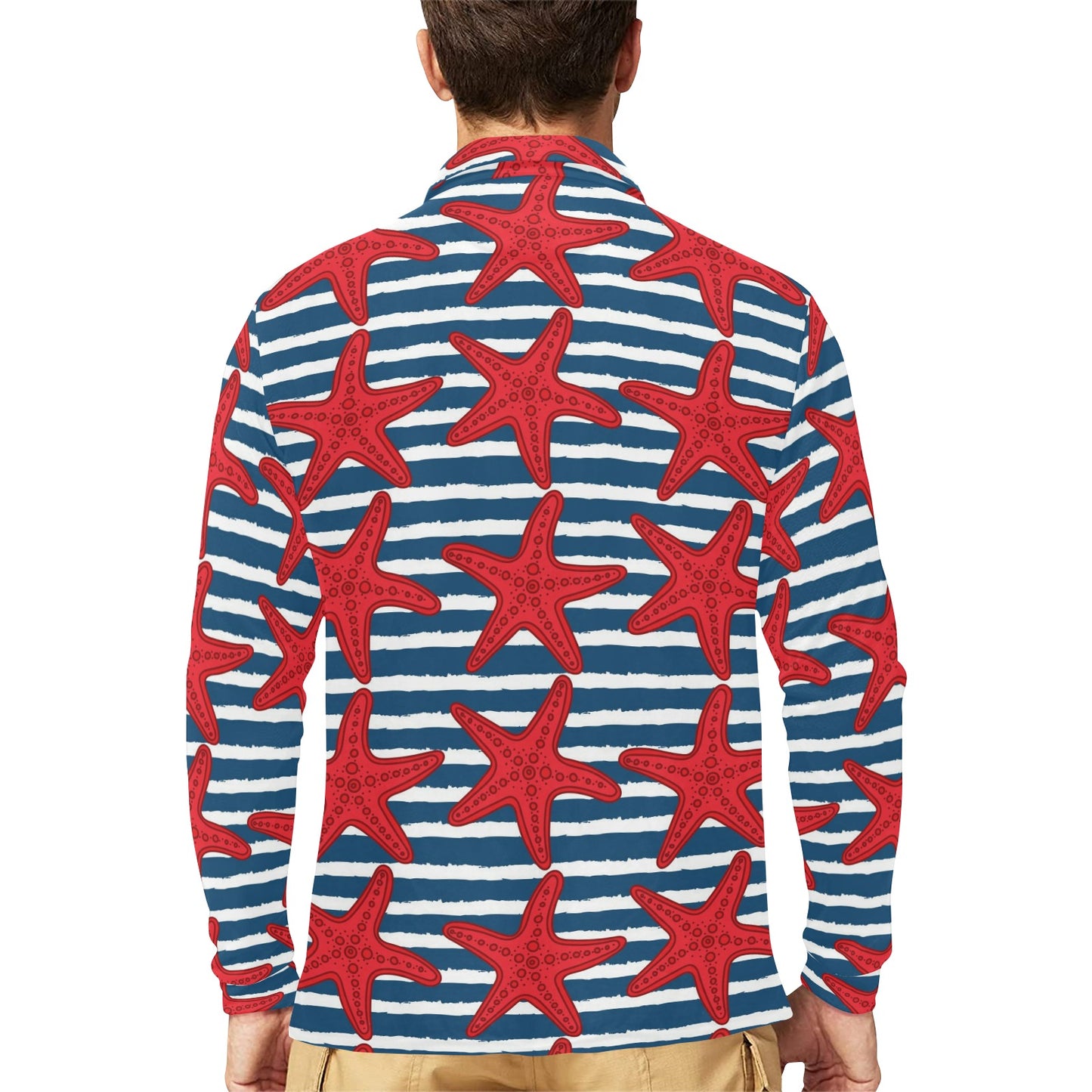 Starfish Red Pattern Print Design 02 Long Sleeve Polo Shirt For Men's