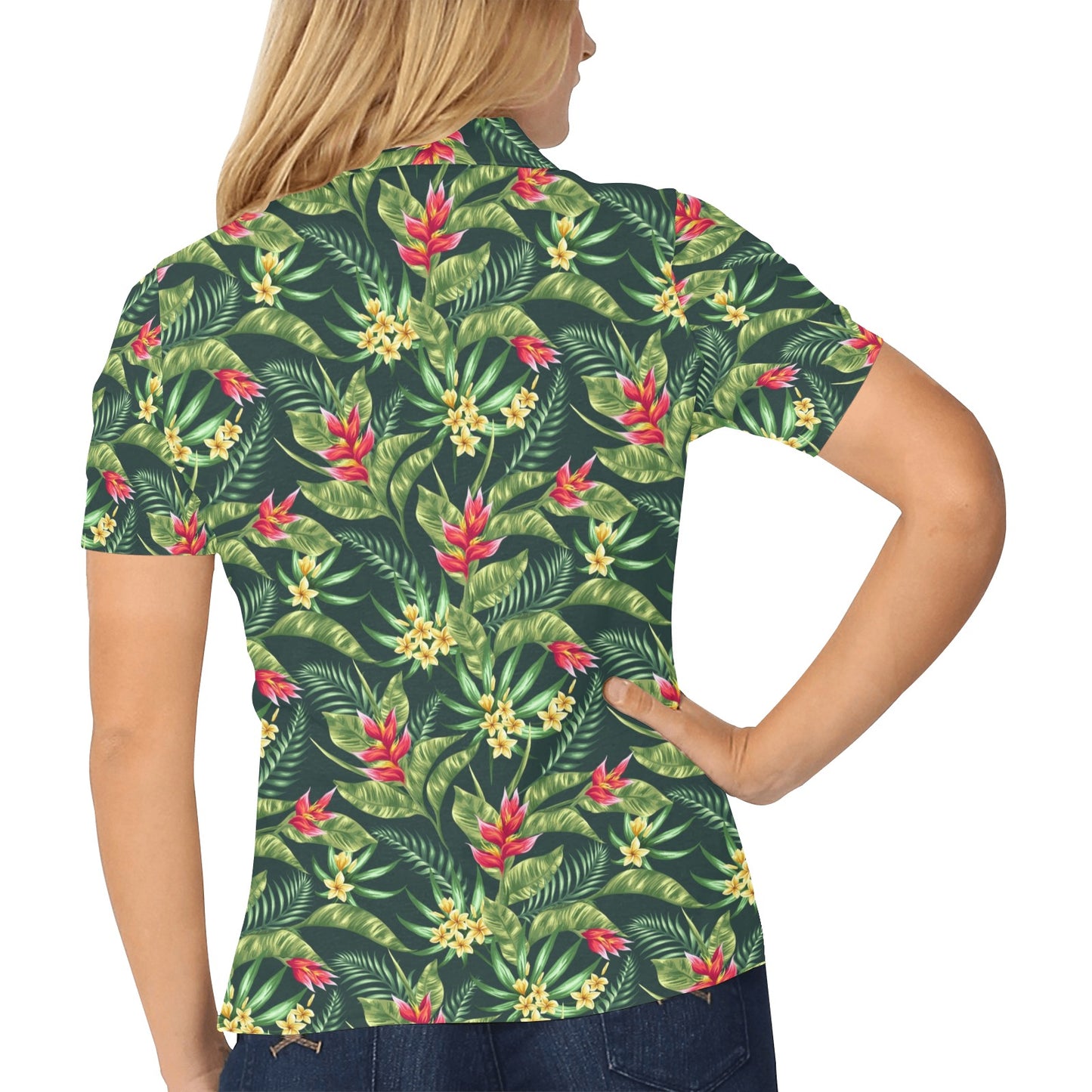 Tropical Folower Red Heliconia Print Women's Polo Shirt