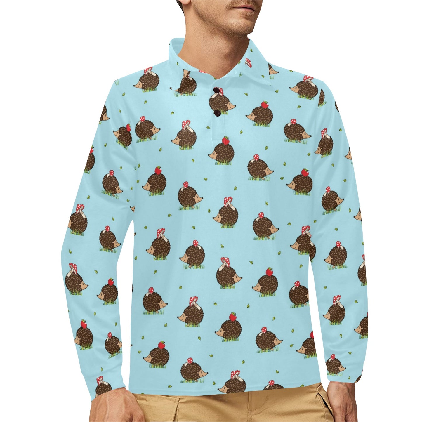 Hedgehog Print Design LKS402 Long Sleeve Polo Shirt For Men's