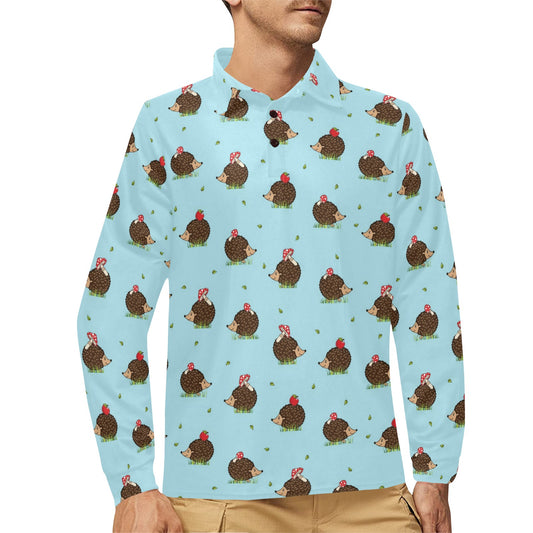 Hedgehog Print Design LKS402 Long Sleeve Polo Shirt For Men's