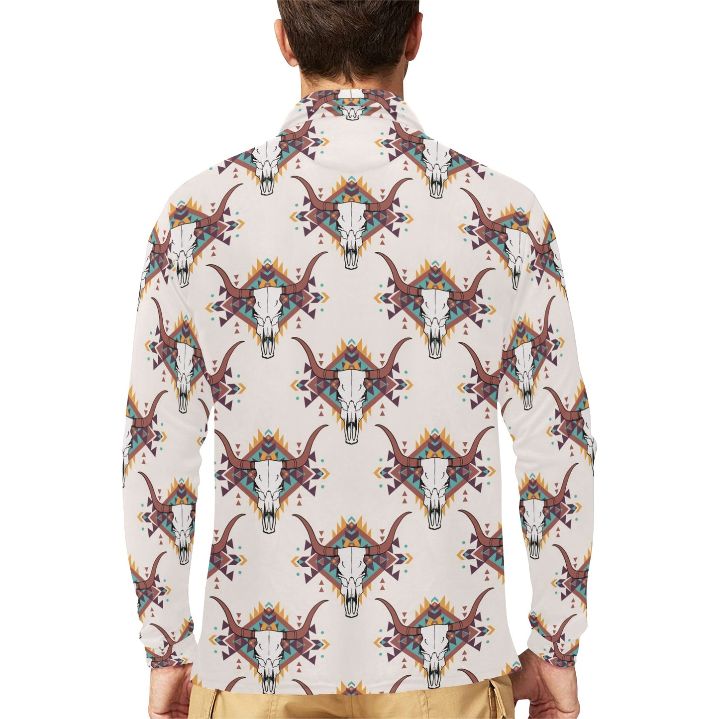 Buffalo Head Pattern Print Design 02 Long Sleeve Polo Shirt For Men's
