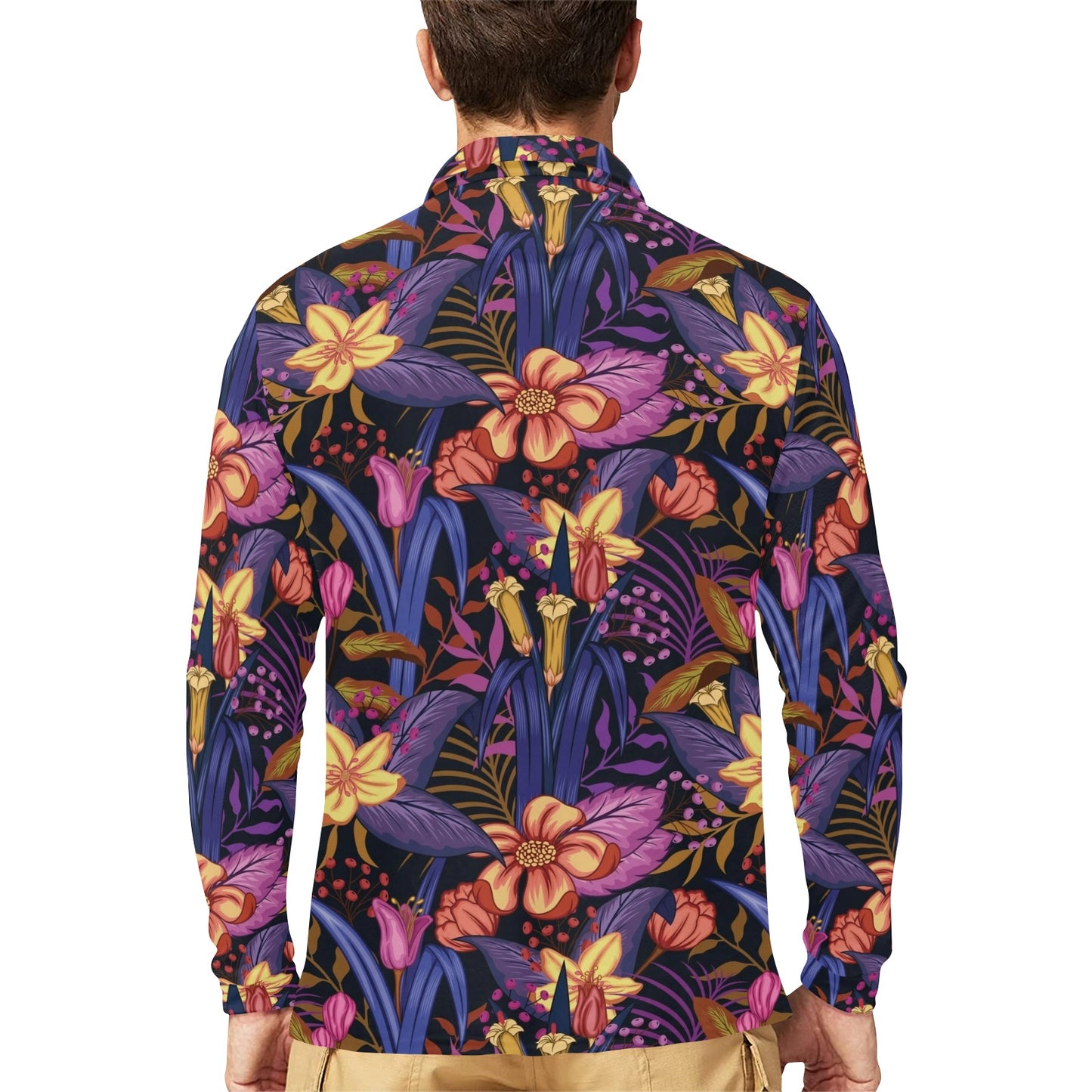 Lily Pattern Print Design LY016 Long Sleeve Polo Shirt For Men's