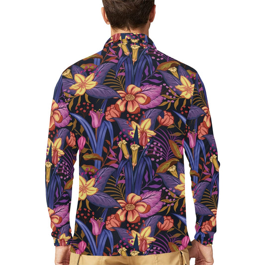 Lily Pattern Print Design LY016 Long Sleeve Polo Shirt For Men's