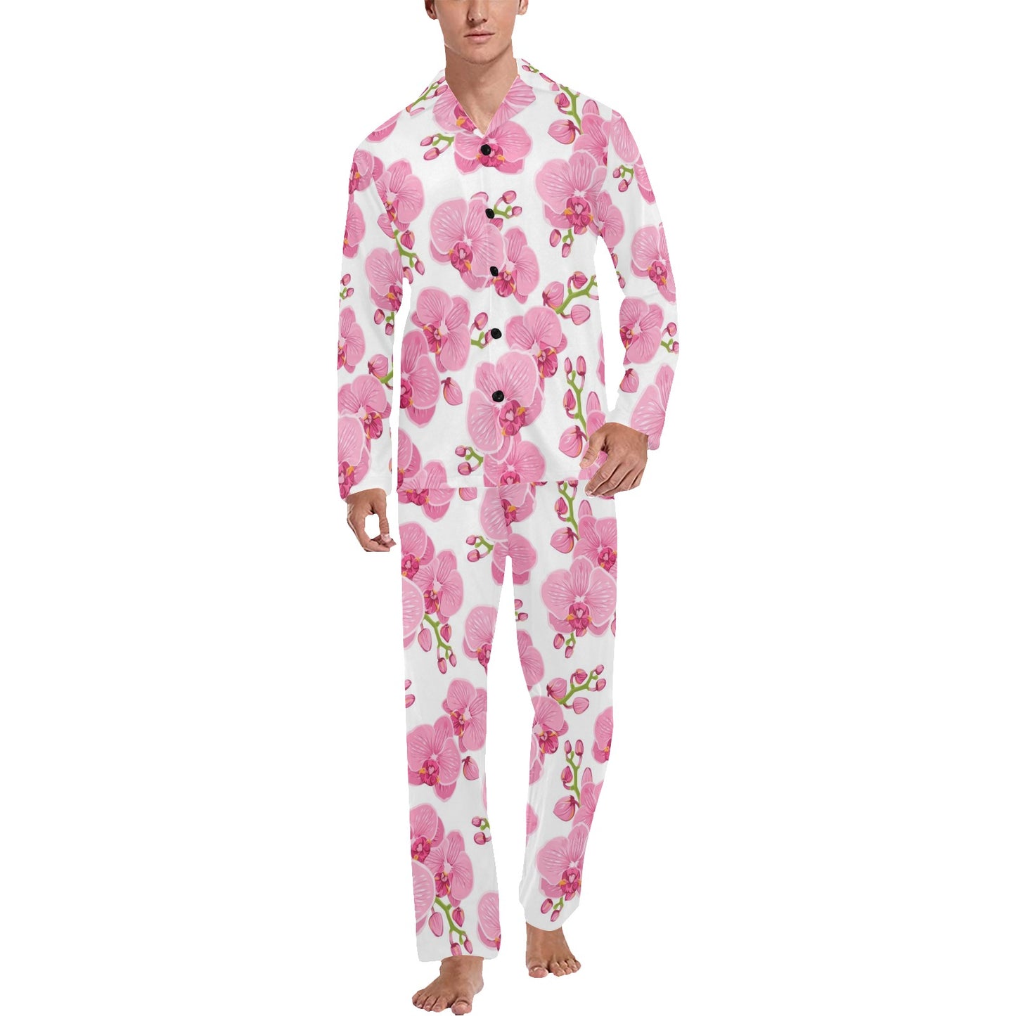 Orchid Pink Pattern Print Design OR07 Men's Long Pajama Set