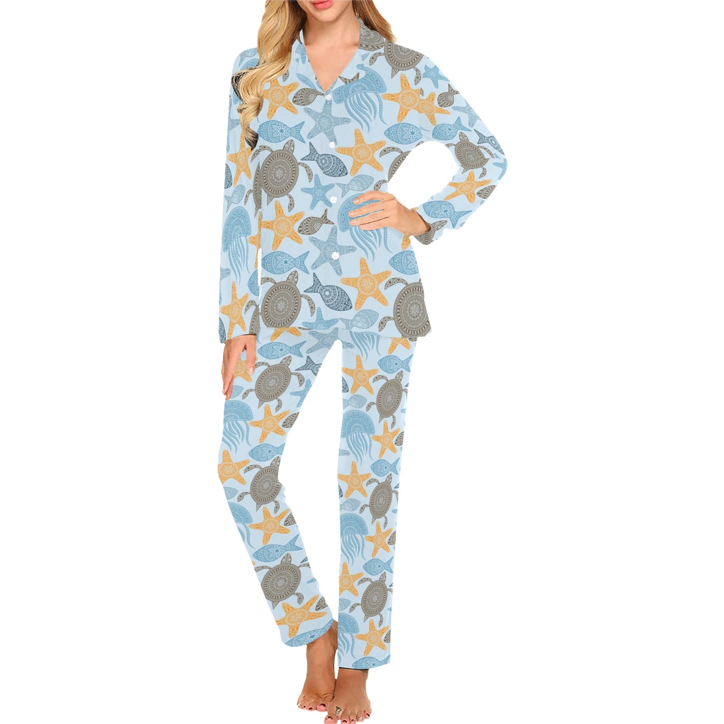 Polynesian Jellyfish Turtle Print Women's Long Pajama Set