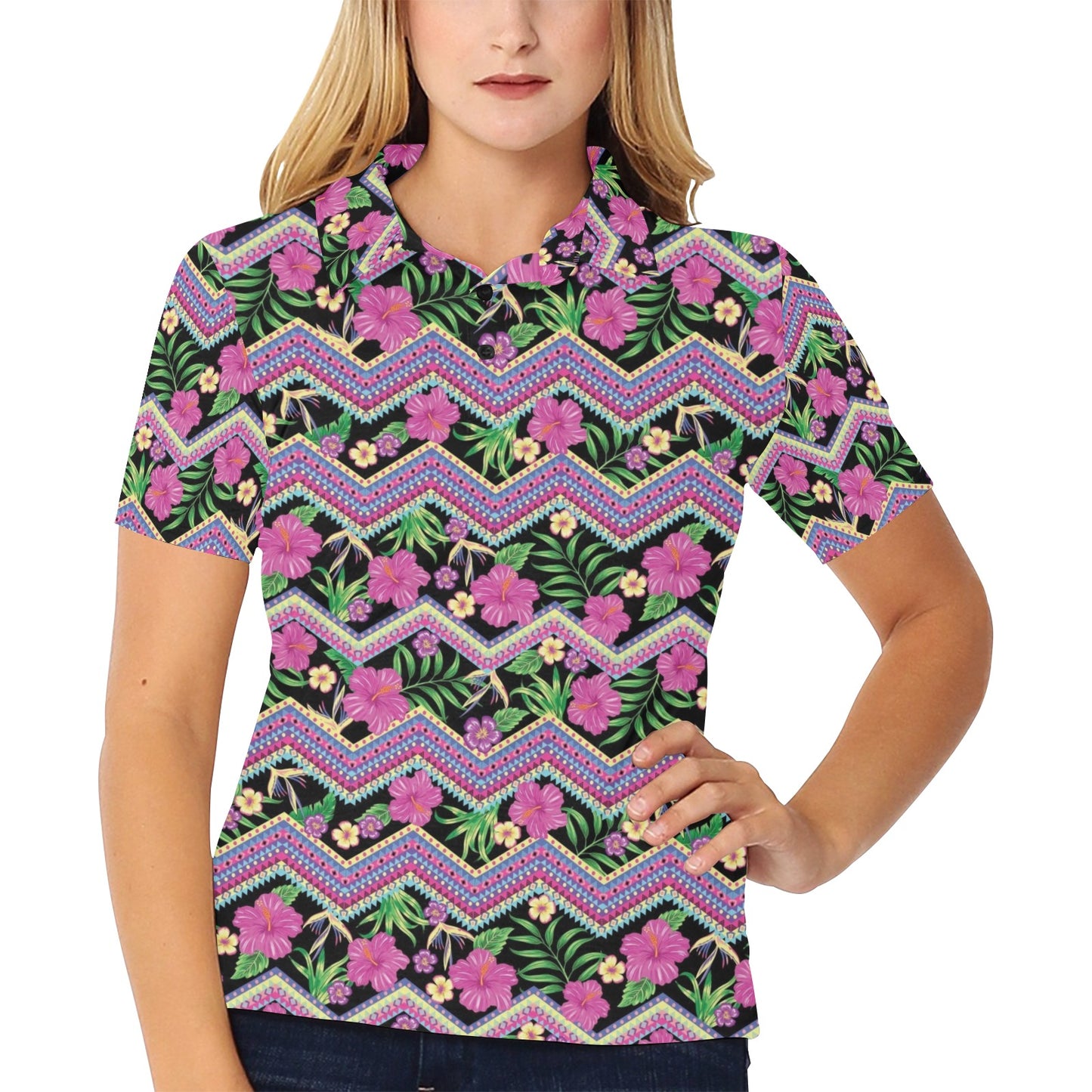 Hibiscus Pink Zigzag Line Pattern Design LKS307 Women's Polo Shirt