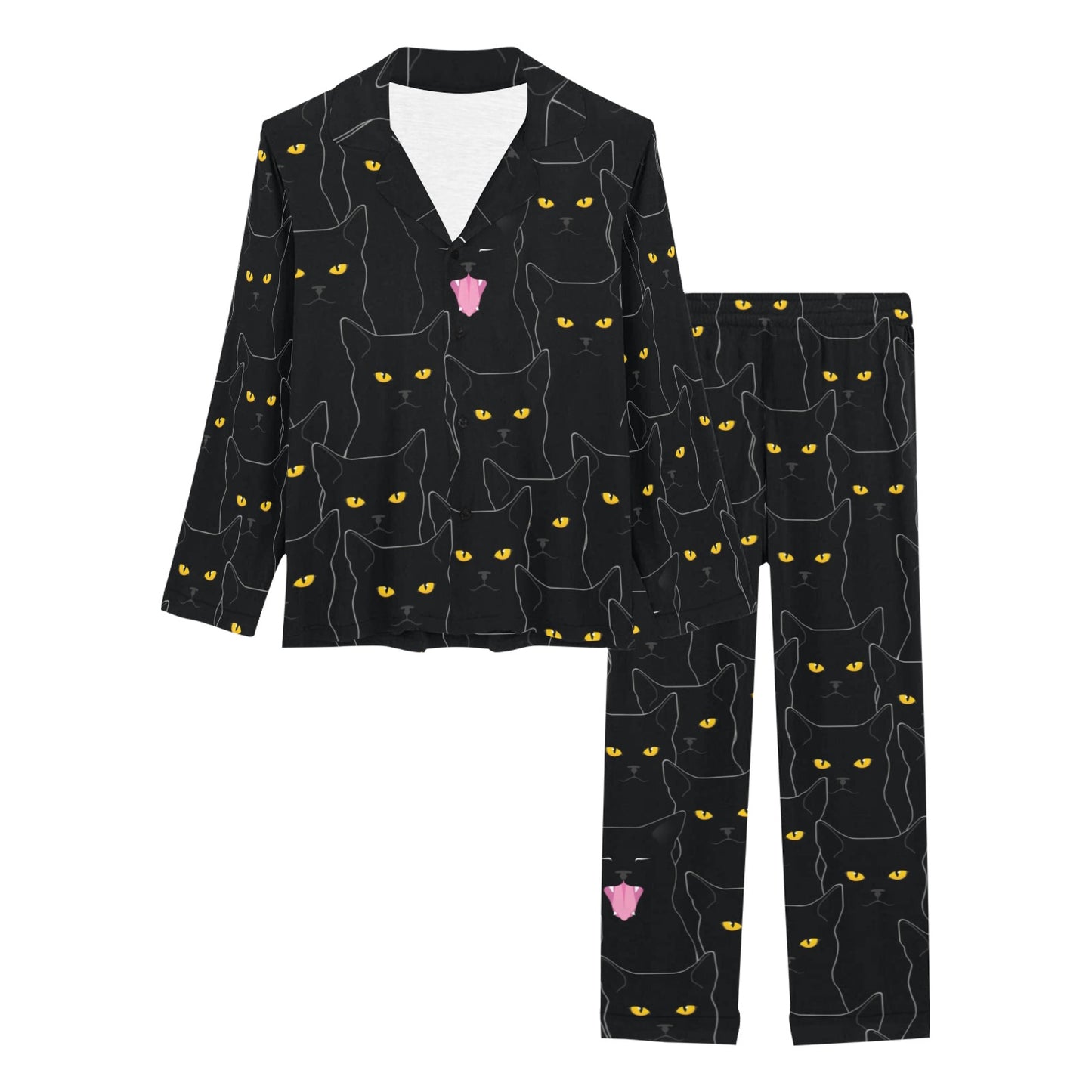 Black Cat Yellow Eyes Print Pattern Women's Long Pajama Set