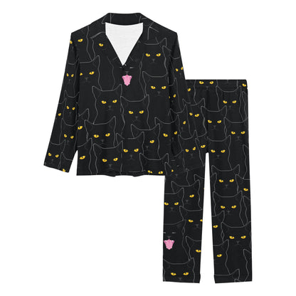 Black Cat Yellow Eyes Print Pattern Women's Long Pajama Set