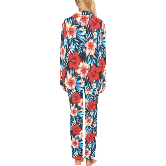 Red Hibiscus Blue Scene Women's Long Pajama Set