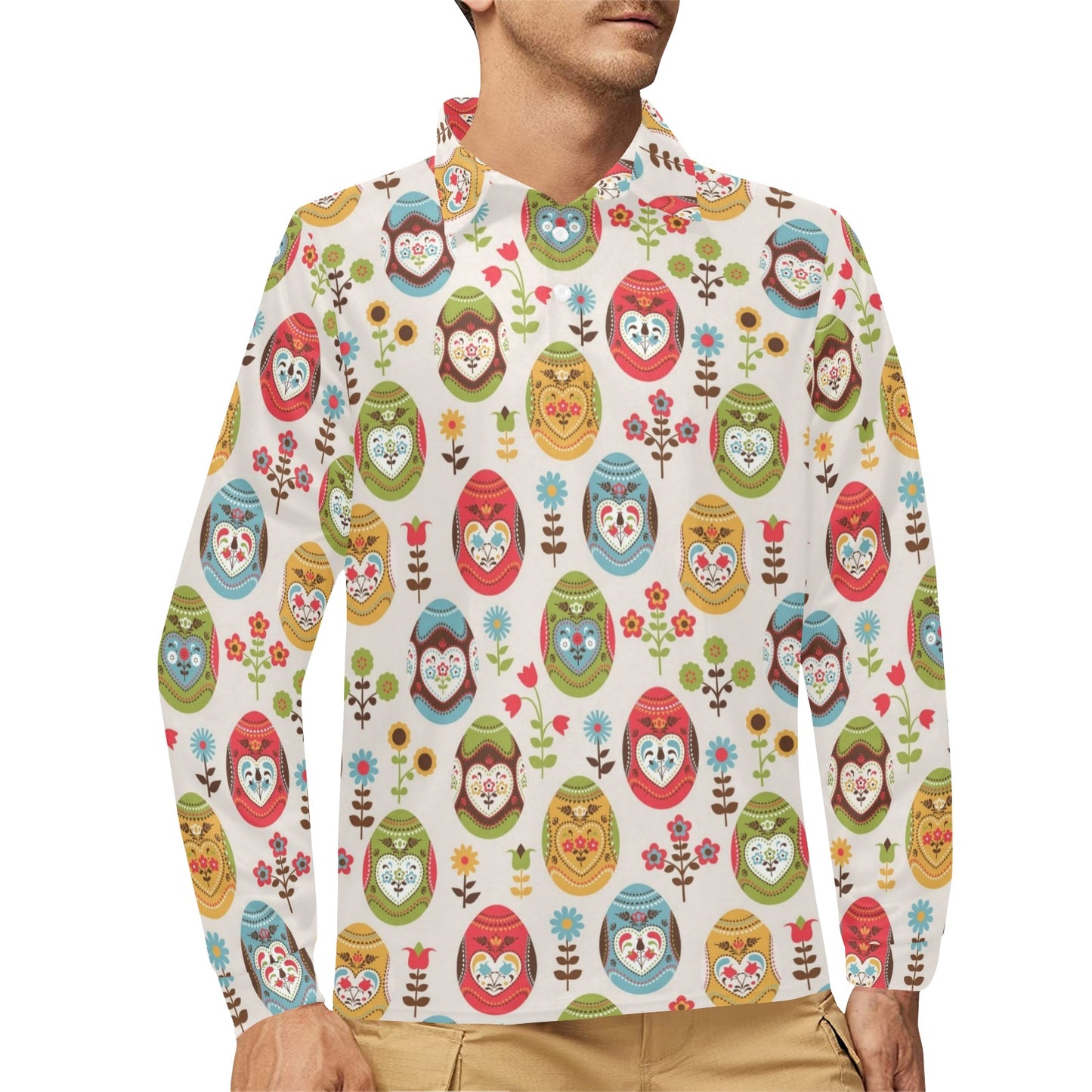 Easter Eggs Pattern Print Design RB011 Long Sleeve Polo Shirt For Men's