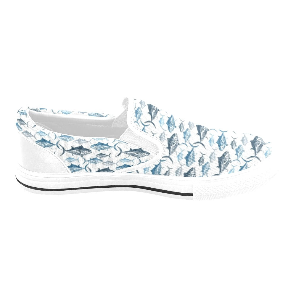 Tuna Fish Print Design LKS303 White Slip Ons Canvas Women's Shoes