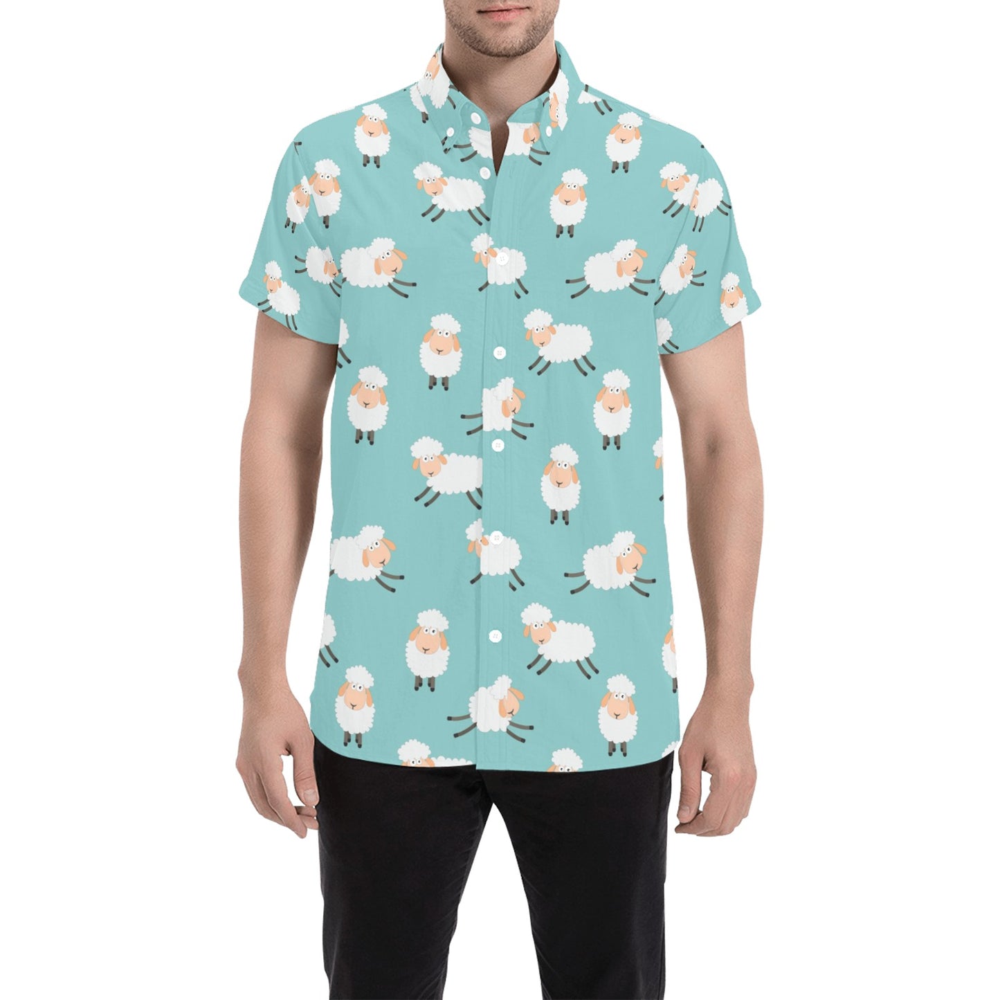 Sheep Print Design LKS406 Men Short Sleeve Button Up Shirt