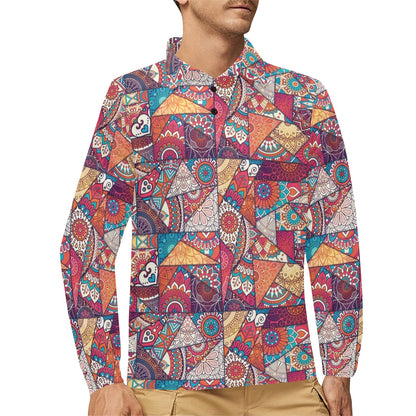 Patchwork Print Design LKS401 Long Sleeve Polo Shirt For Men's