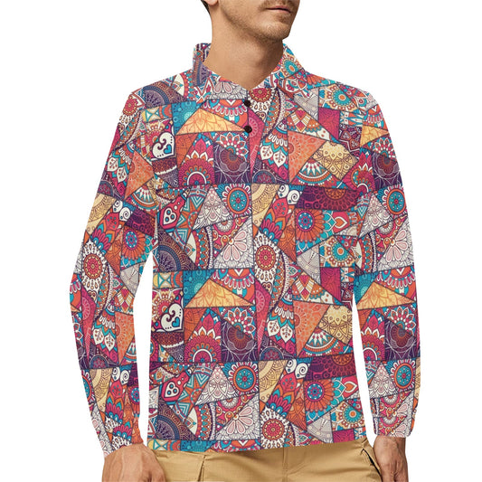 Patchwork Print Design LKS401 Long Sleeve Polo Shirt For Men's