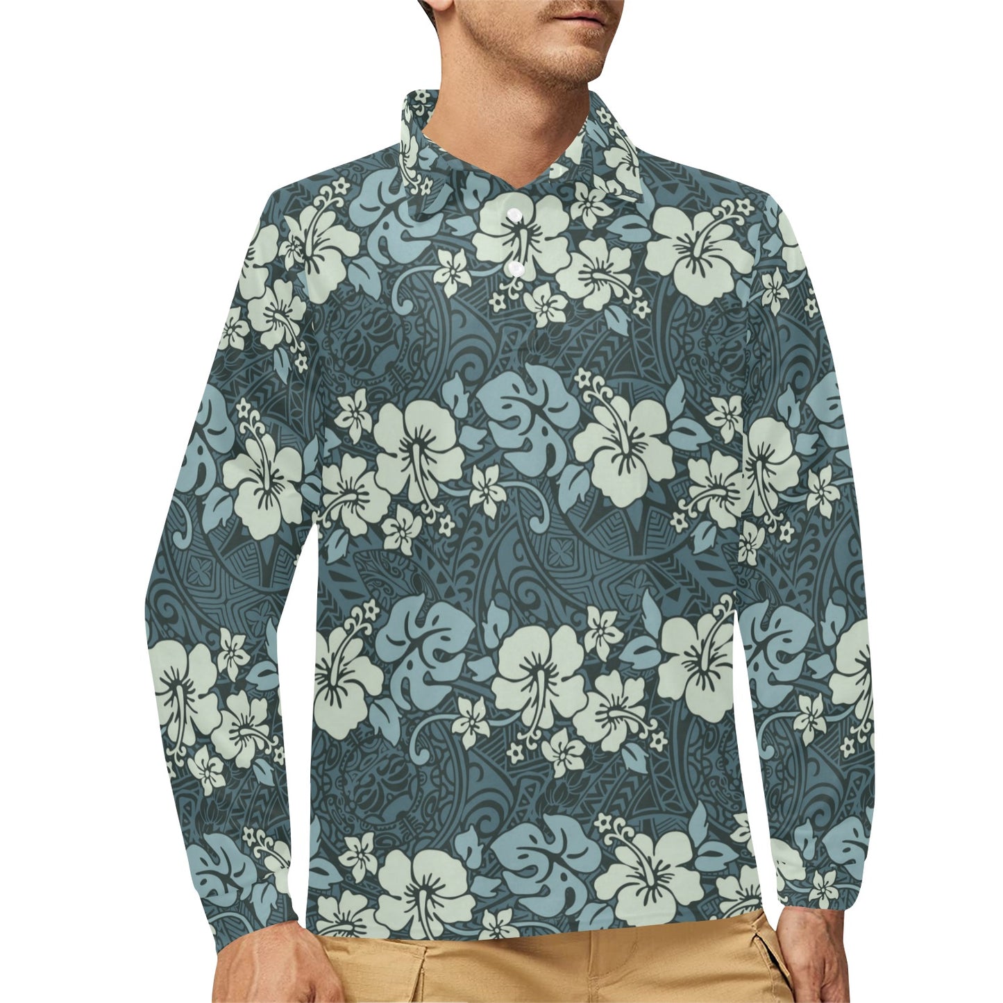 Flower Hawaiian Hibiscus Style Print Pattern Long Sleeve Polo Shirt For Men's