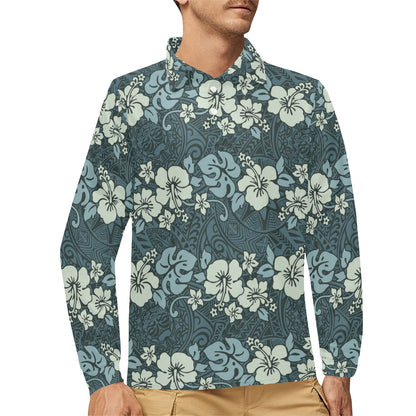 Flower Hawaiian Hibiscus Style Print Pattern Long Sleeve Polo Shirt For Men's