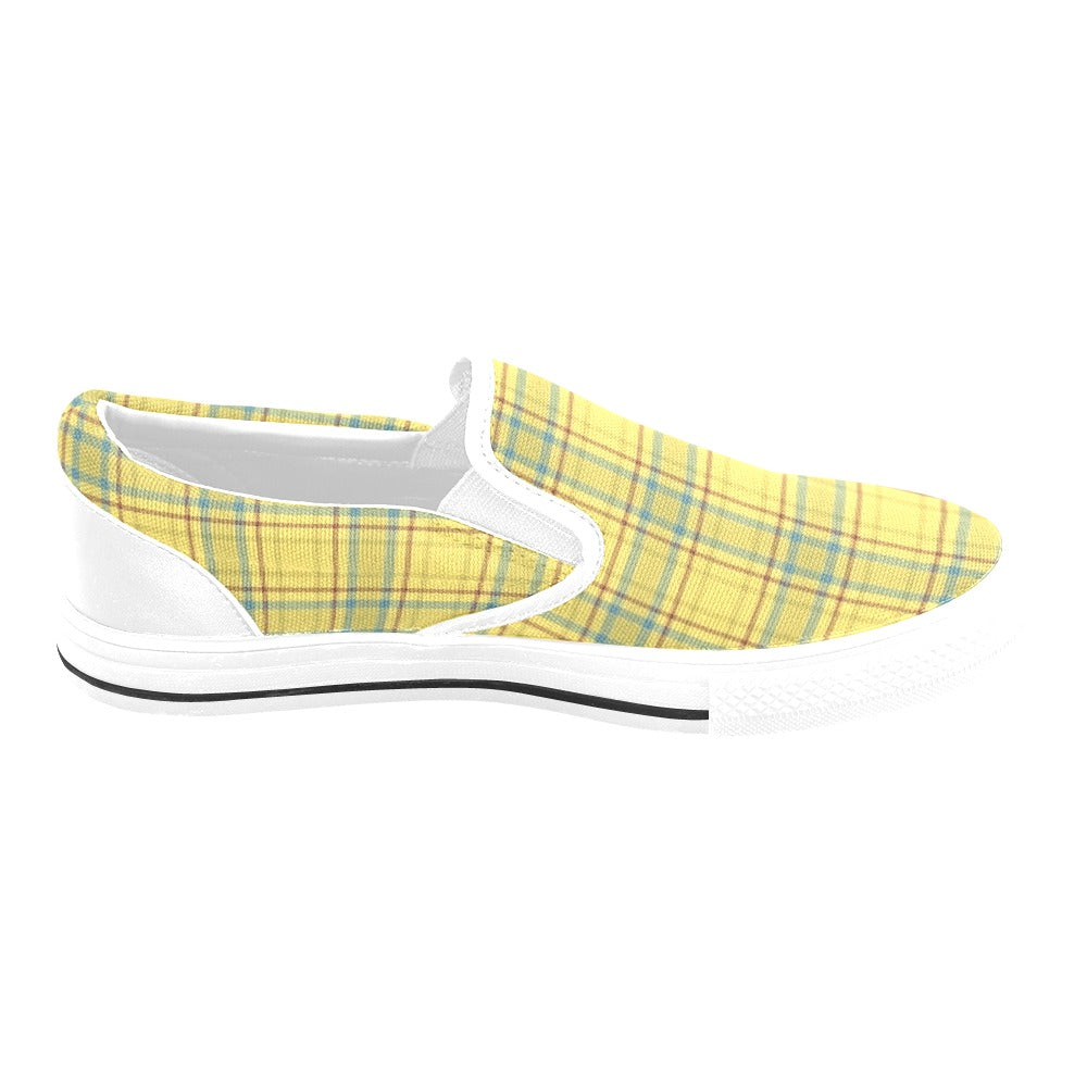 Tartan Yellow Print Design LKS301 White Slip Ons Canvas Women's Shoes