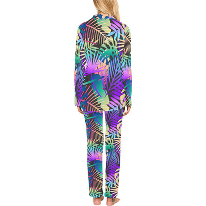Neon Flower Tropical Palm Leaves Women's Long Pajama Set
