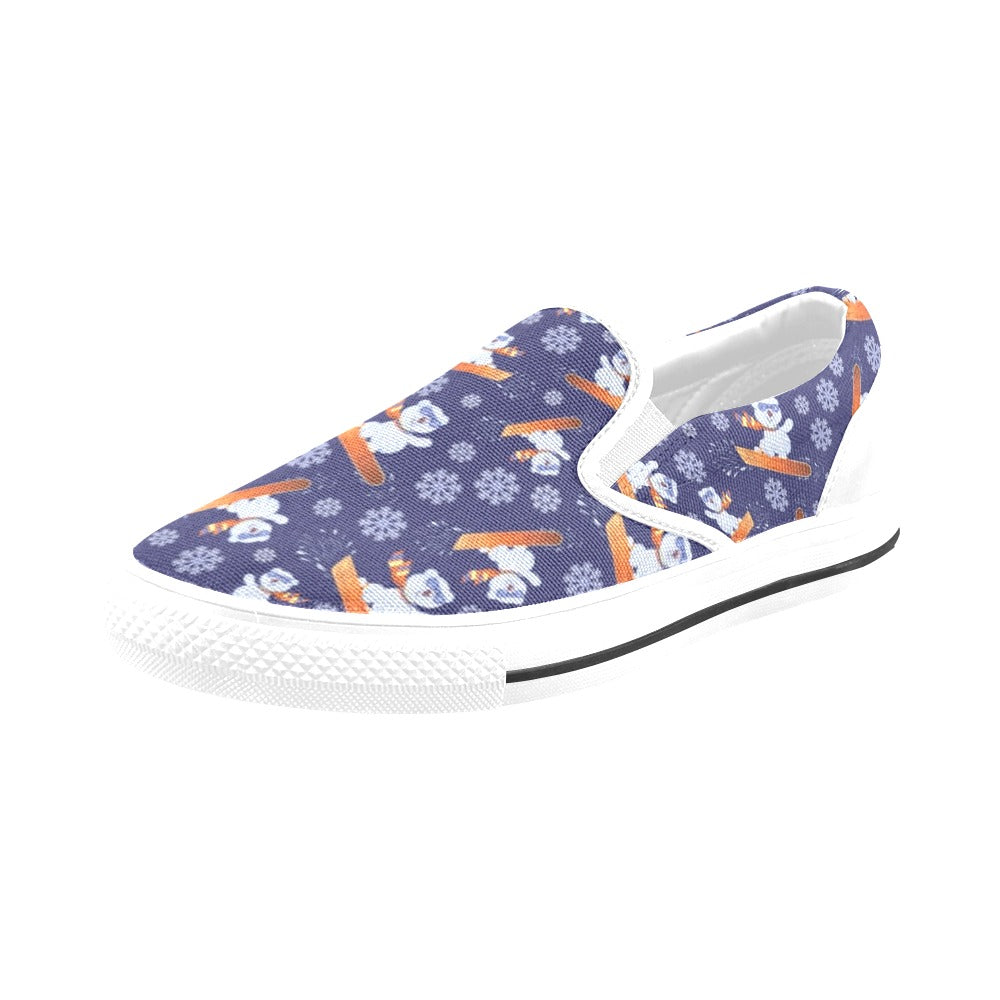 Snowboard Bear Print Design LKS305 White Slip Ons Canvas Women's Shoes