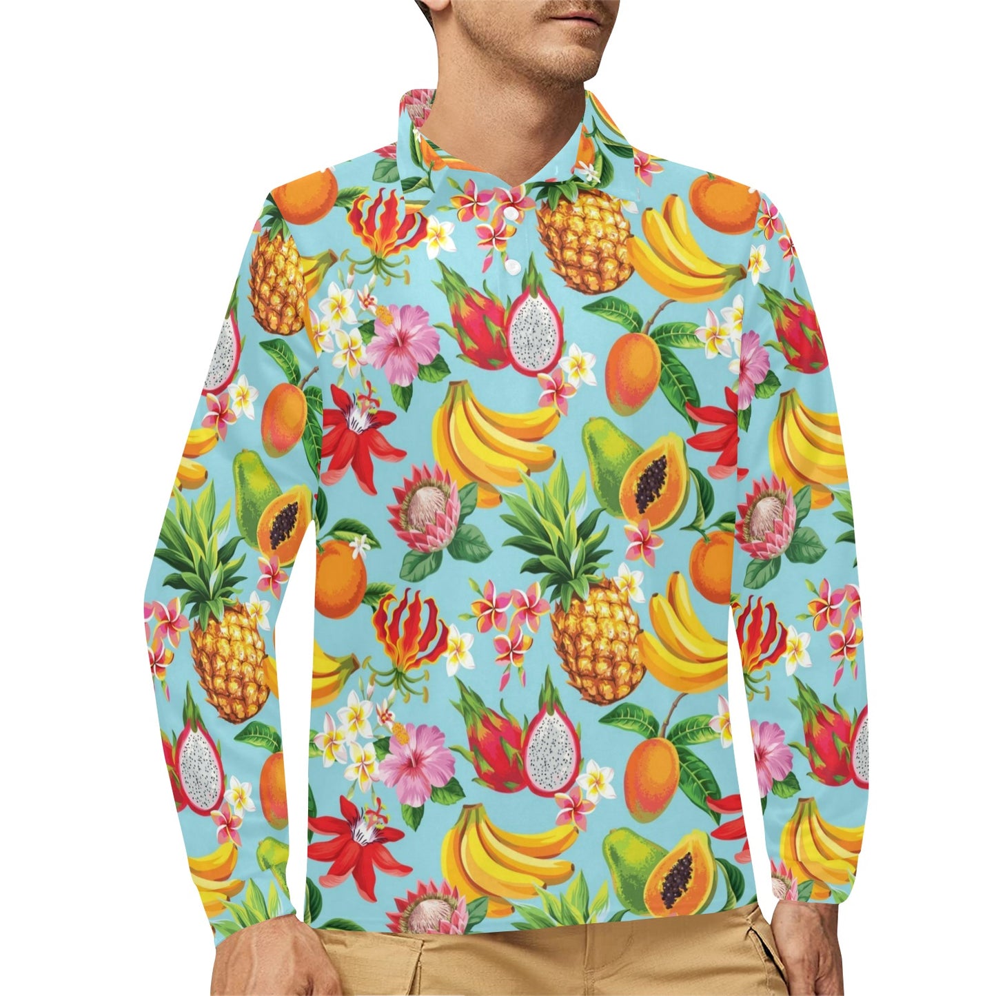 Tropical Fruits Pattern Print Design TF01 Long Sleeve Polo Shirt For Men's