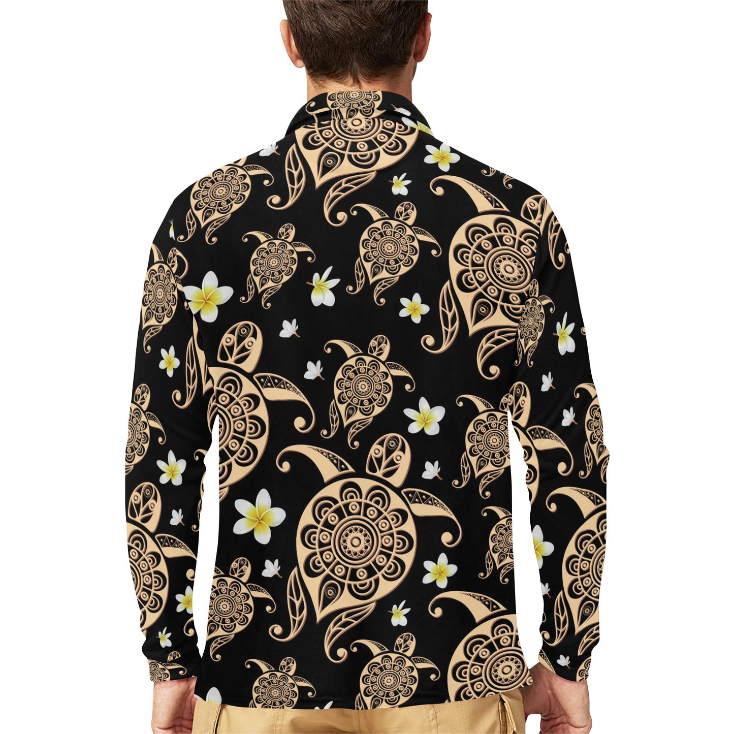 Turtle Polynesian Tribal Hawaiian Long Sleeve Polo Shirt For Men's