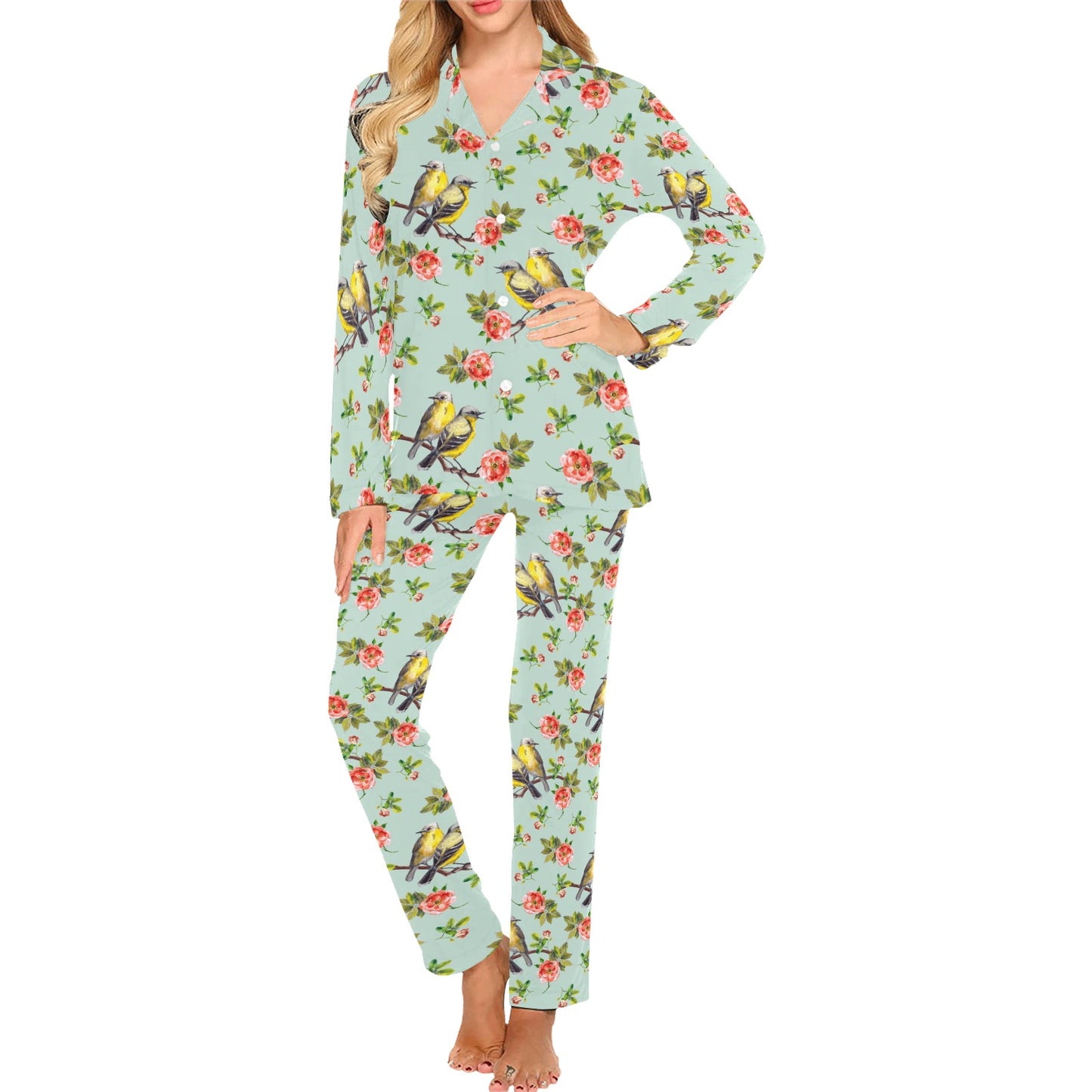 Bird with Red Flower Print Pattern Women's Long Pajama Set