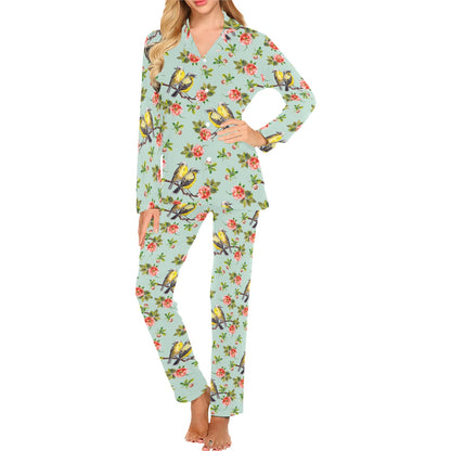 Bird with Red Flower Print Pattern Women's Long Pajama Set