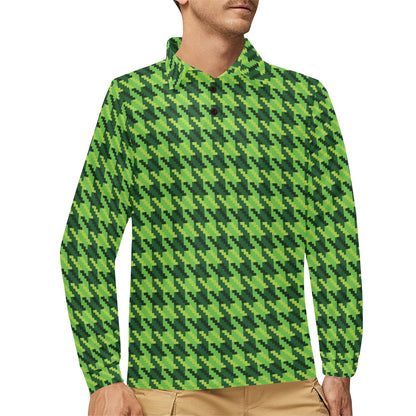 St Patricks Day Houndstooth Pattern Print LKS301 Long Sleeve Polo Shirt For Men's