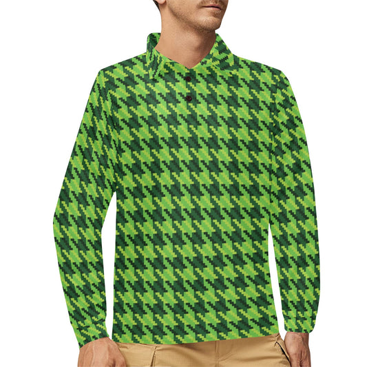 St Patricks Day Houndstooth Pattern Print LKS301 Long Sleeve Polo Shirt For Men's