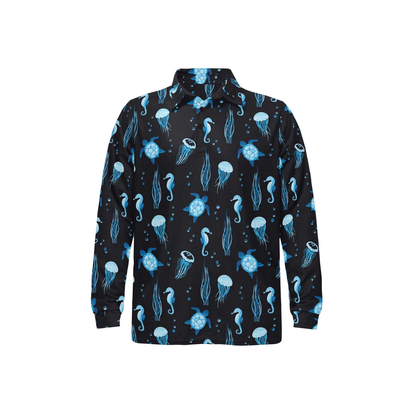 Sea Turtle Jelly Fish Sea Horse Print Design LKS3014 Long Sleeve Polo Shirt For Men's