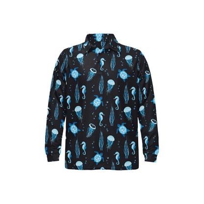 Sea Turtle Jelly Fish Sea Horse Print Design LKS3014 Long Sleeve Polo Shirt For Men's