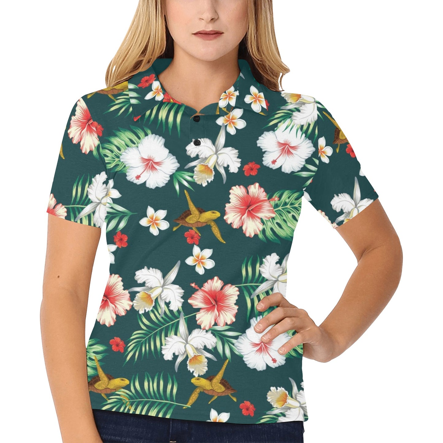 Hawaiian Flower Design with SeaTurtle Print Women's Polo Shirt