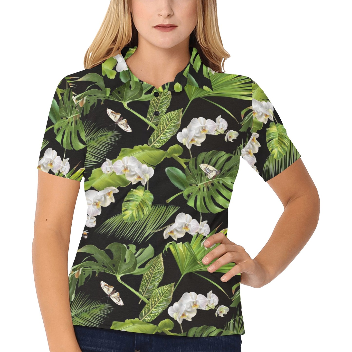 Tropical Flower Pattern Print Design TF026 Women's Polo Shirt