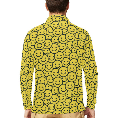 Smiley Face Emoji Print Design LKS302 Long Sleeve Polo Shirt For Men's