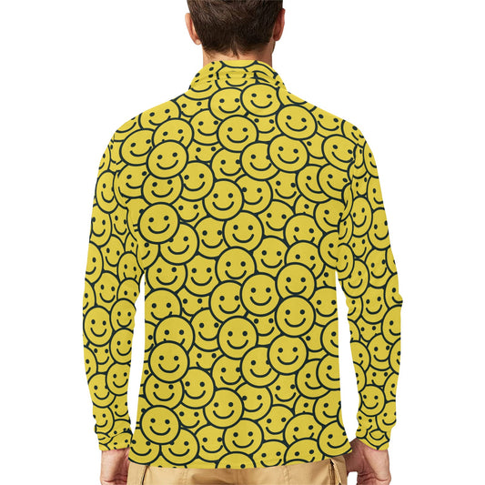 Smiley Face Emoji Print Design LKS302 Long Sleeve Polo Shirt For Men's