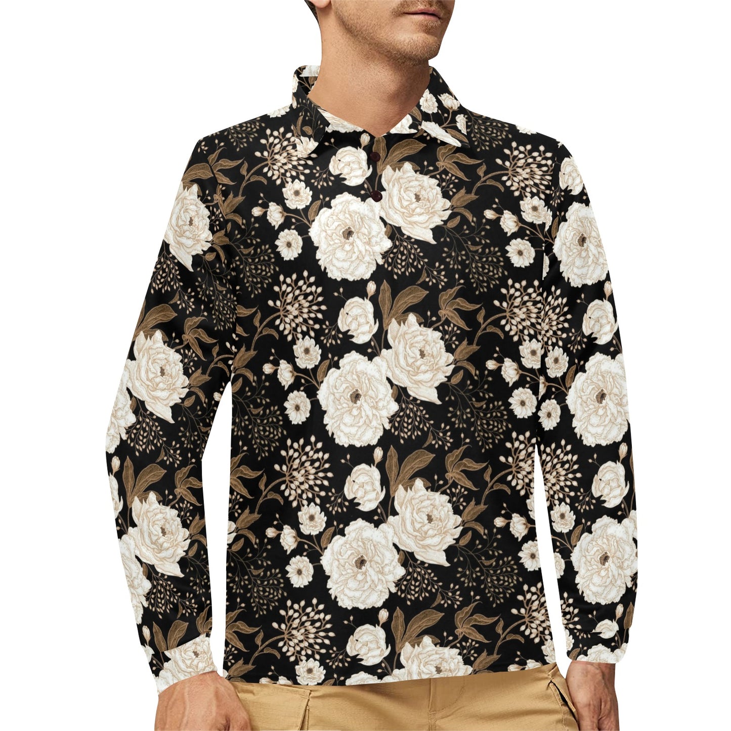 Peony Pattern Print Design A02 Long Sleeve Polo Shirt For Men's