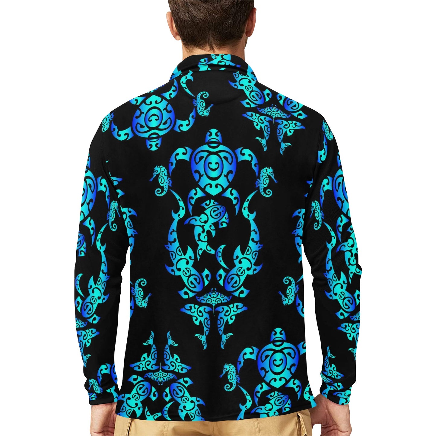 Sea turtle Polynesian Tribal Hawaiian Long Sleeve Polo Shirt For Men's