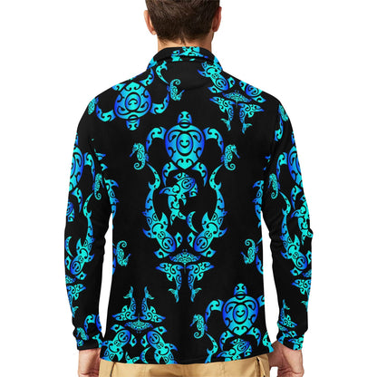 Sea turtle Polynesian Tribal Hawaiian Long Sleeve Polo Shirt For Men's