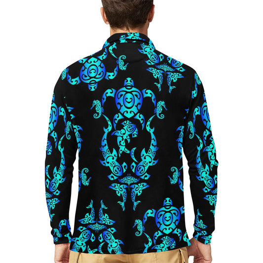 Sea turtle Polynesian Tribal Hawaiian Long Sleeve Polo Shirt For Men's