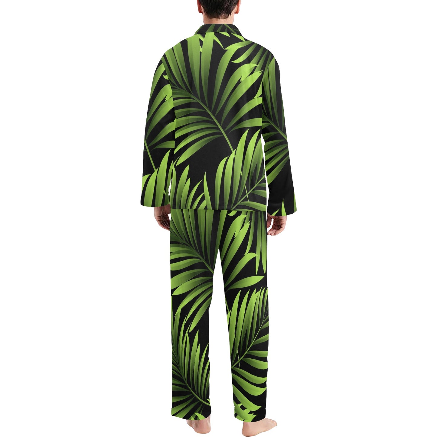 Green Neon Tropical Palm Leaves Men's Long Pajama Set