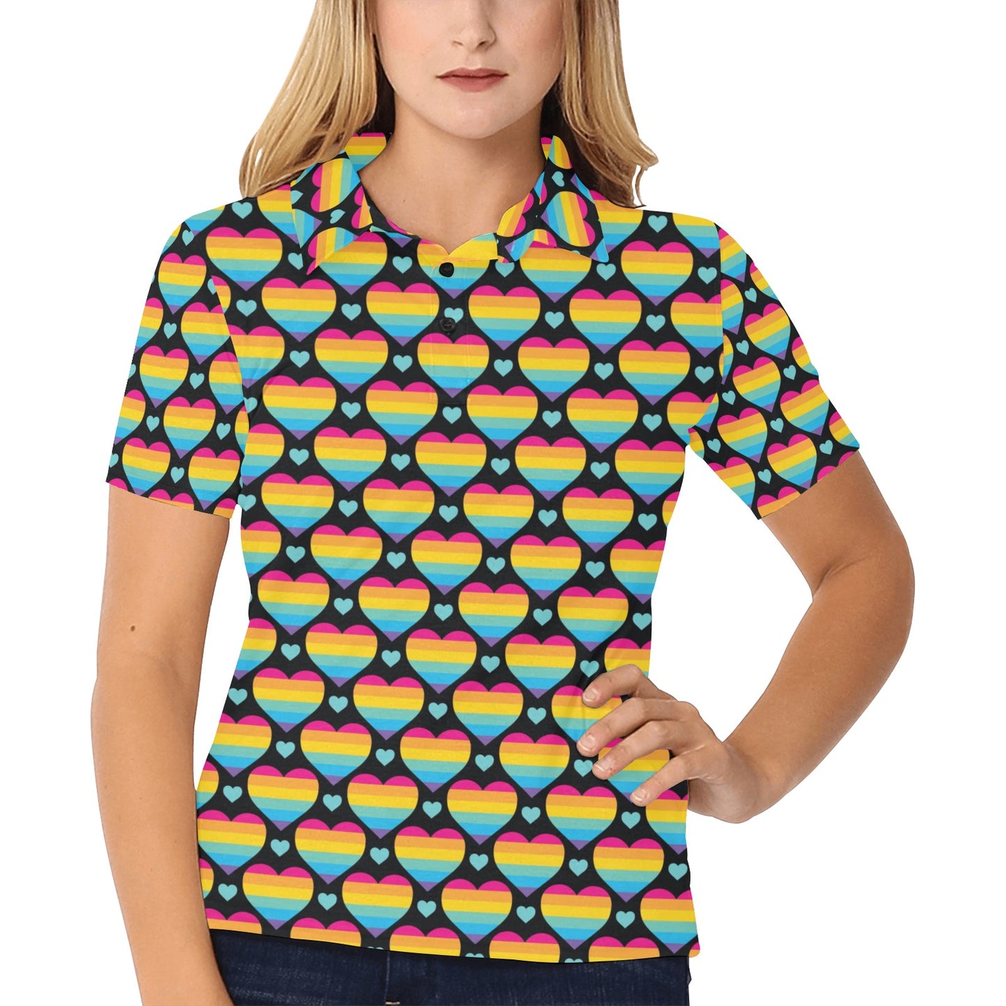 Rainbow Heart Print Pattern Women's Polo Shirt